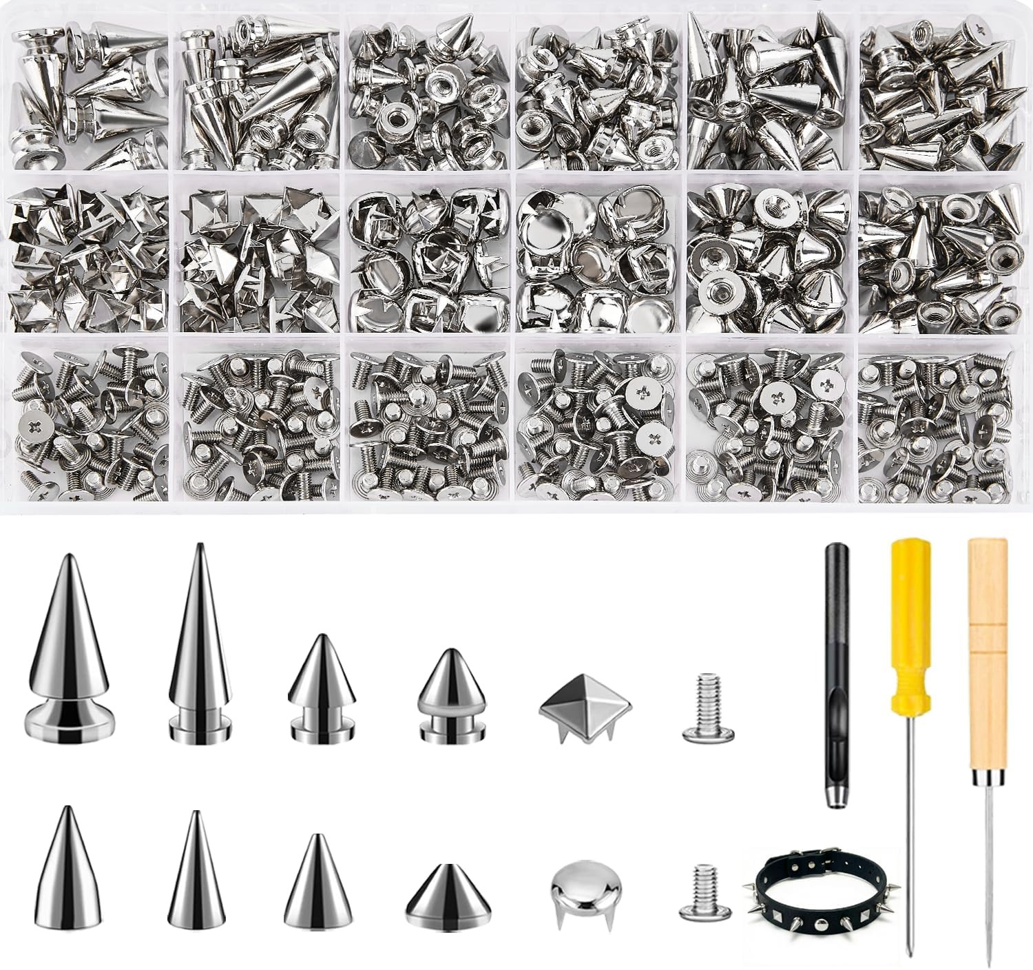 455PCS Punk Spikes and Studs Kit for Clothing, 12 Sizes Premium Metal Cone Spike
