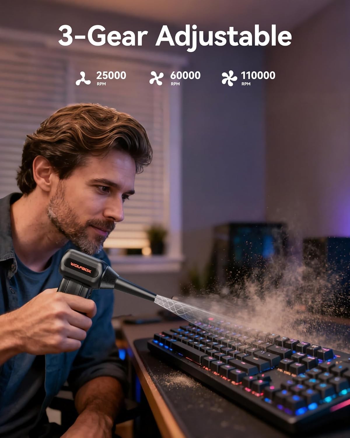 WOLFBOX MF60 Cordless Electric Air Blower Fast Charge 3 Speed for Keyboard, Car