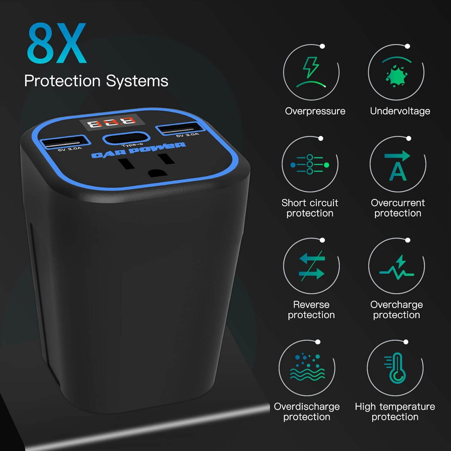 200W Car Power Inverter 12V to 110V Outlet Adapter Dual USB Type-C Blue