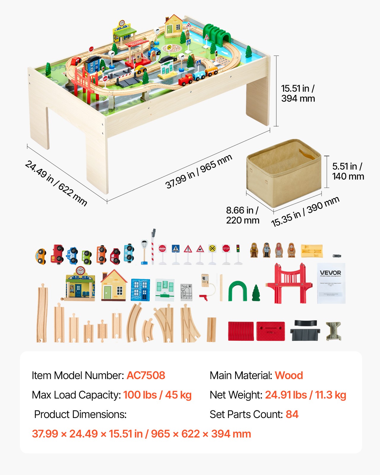 VEVOR Train Table 84Pcs Wooden Kids Activity Table with Collapsible Storage Bin