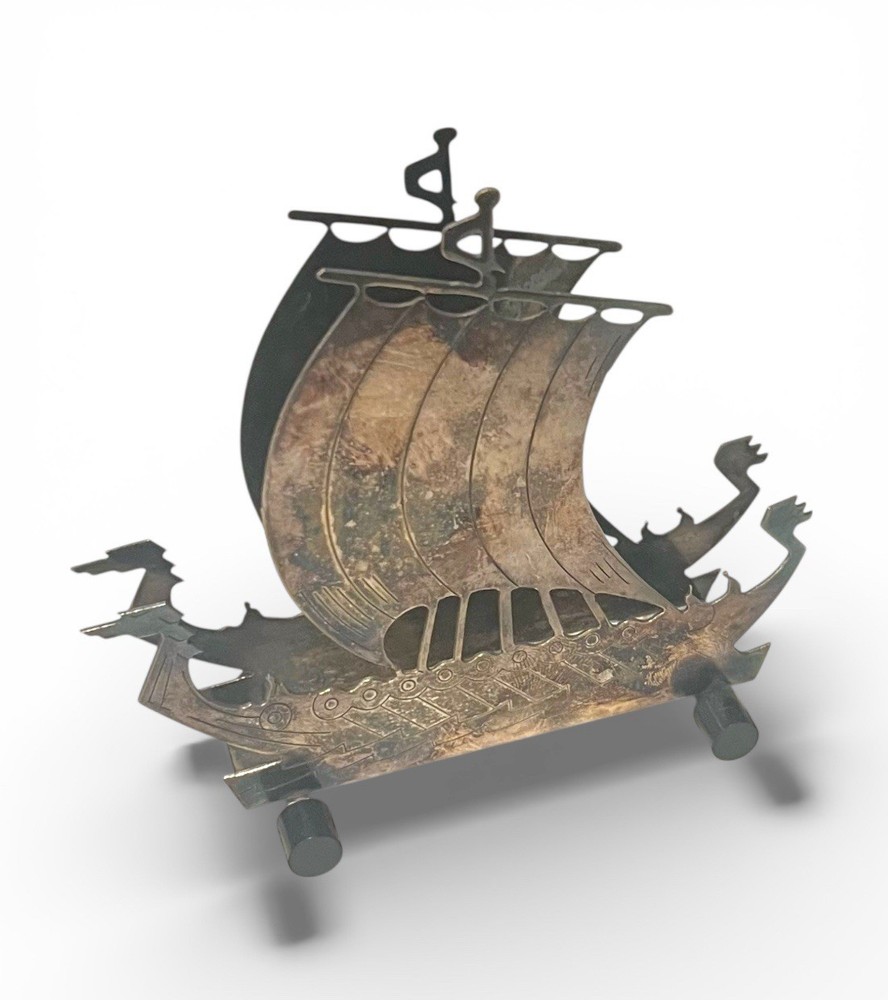 RARE / HTF - Art Deco Swedish Scandinavian Silverplate Viking Ship Letter Holder