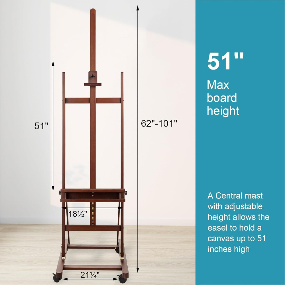 Adjustable Beechwood Studio Easel with Wheels & Storage for Canvas Up to 51