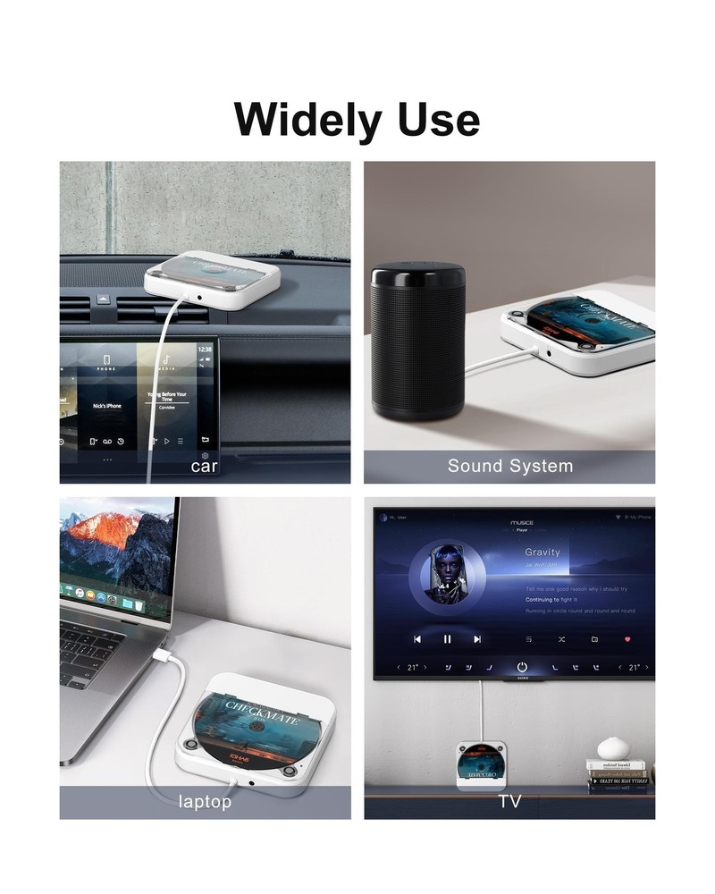ENVYCLOUD Portable Car CD Player - USB/AUX White CD Player