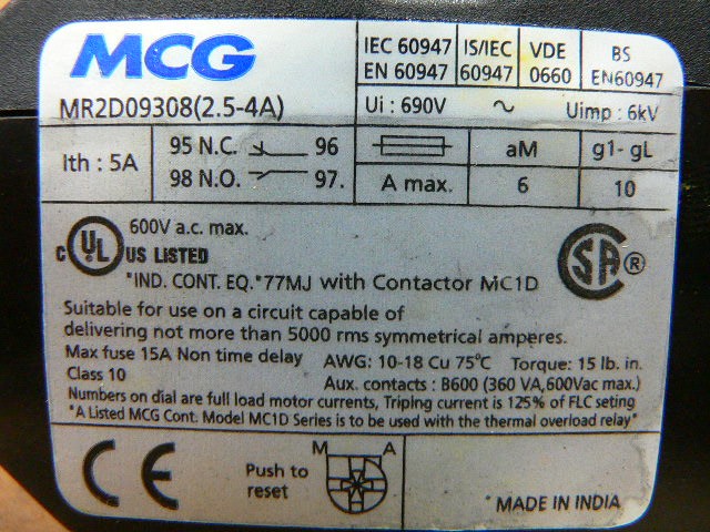 Mcg Mr2d09308 Thermal Overload Relay 2.5 - 4A