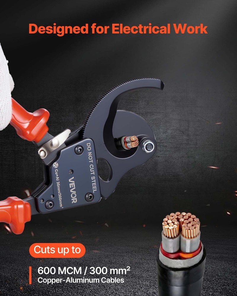 Spring Steel Ratcheting Cable Cutter with PVC Handles & Quick-Release Button