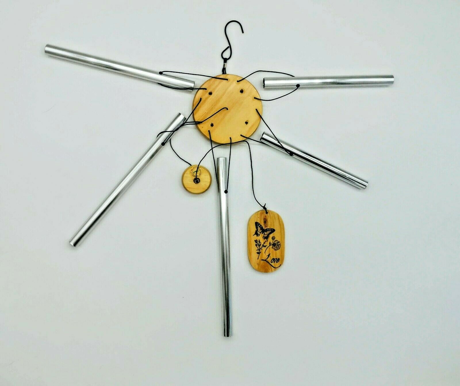 Wind Chimes Natural Wood & Metal Love Wind Chime 5 Tubes Wooden 26" Windchimes