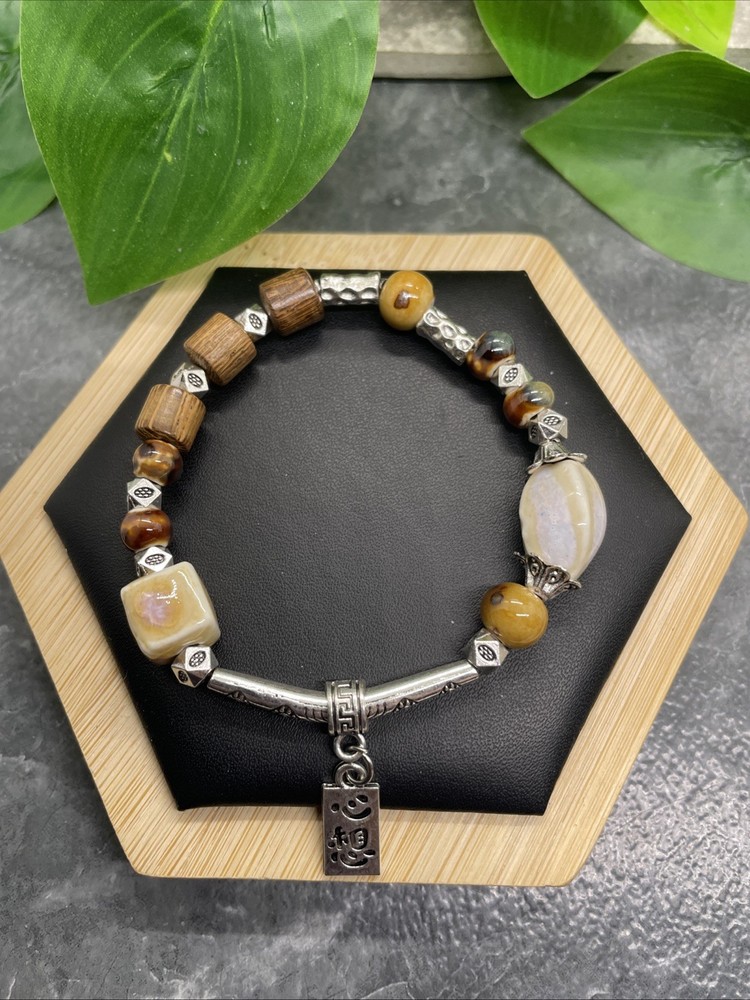Handmade Ceramic Bead Beaded Stackable 6.5” Plus Stretch Bracelet New B302