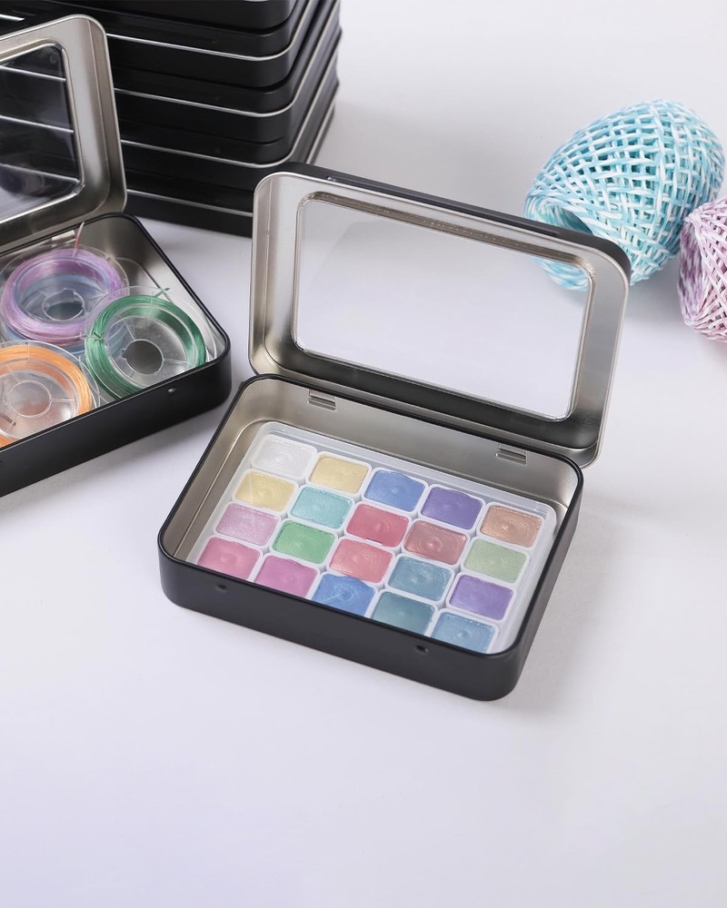 LJY 12 Pack Empty Rectangular Metal Storage Organizer Tins with Black+Window