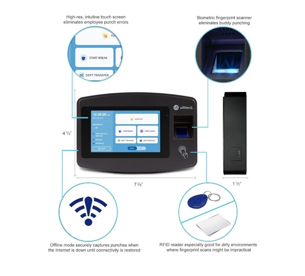 uAttend JR2000 Cloud Connected Biometric Touch Tablet Fingerprint PIN Time Clock