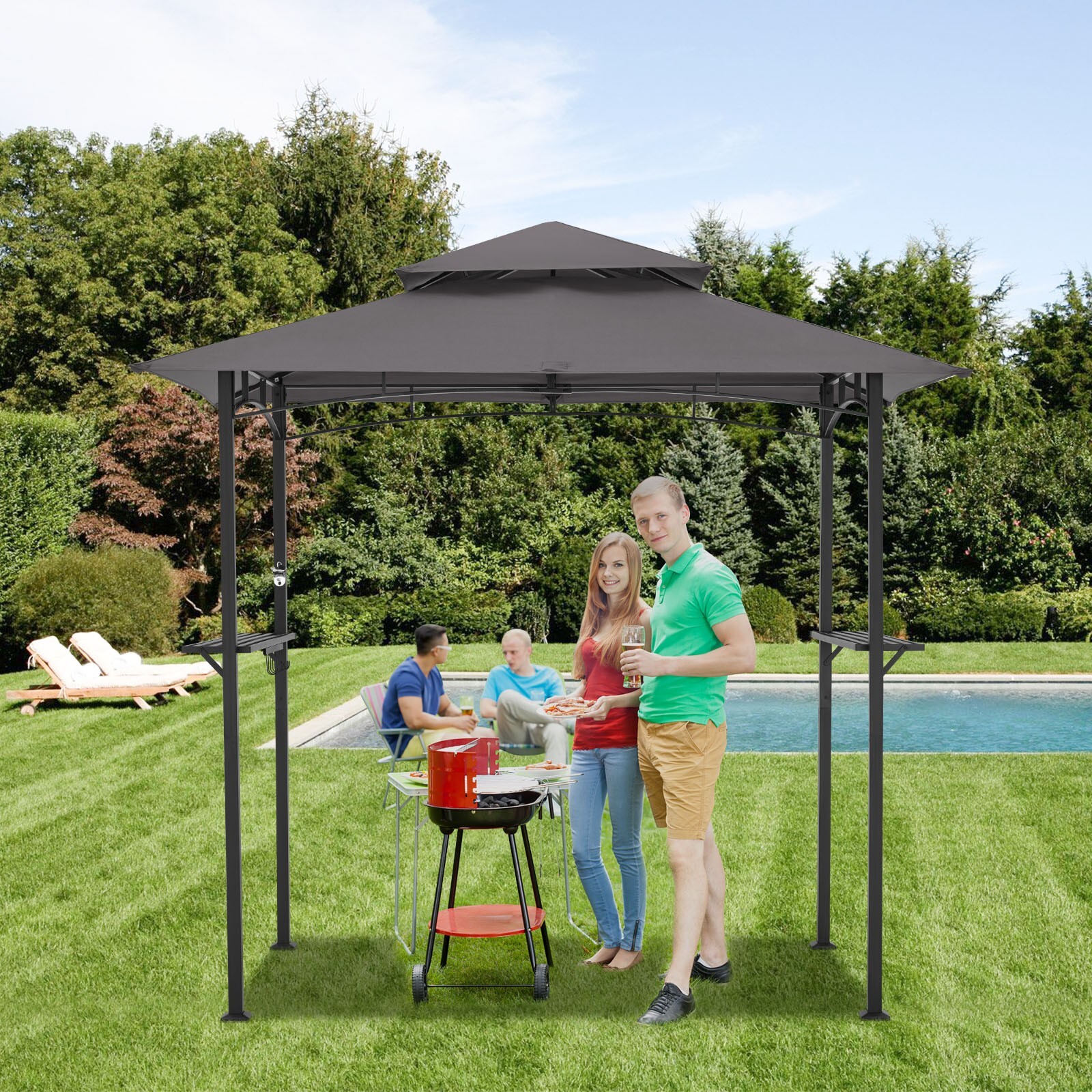 8'x 5' Outdoor Grill Gazebo Barbecue Canopy BBQ Grill Tent w/ Hard Top Gray