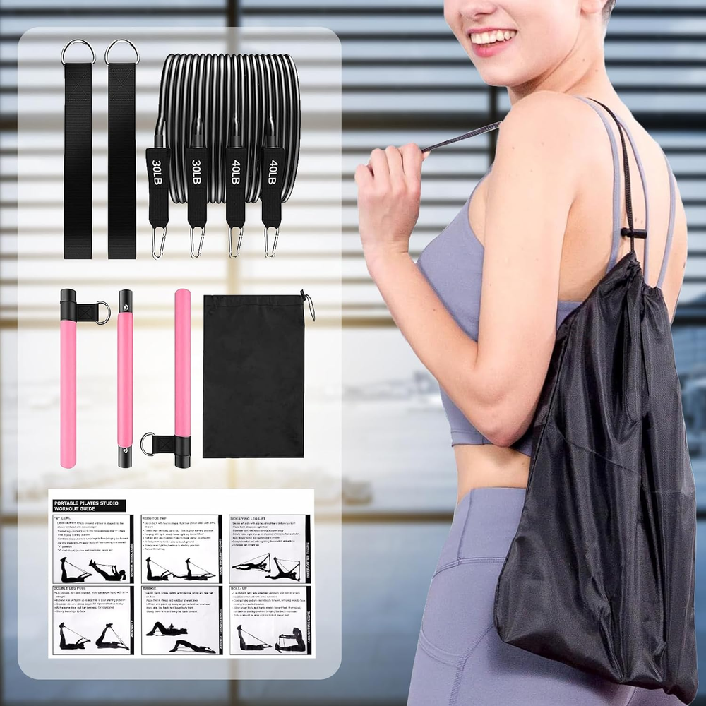 Pilates Bar Kit with Resistance Bands,Pilates Bar with Stackable Bands Workout E