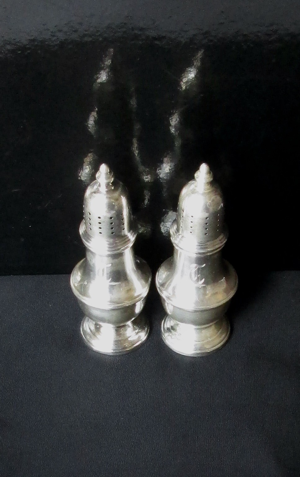 Antique Sterling RTH 136 Pedestal Salt and Pepper Shakers, Art Deco,30s,monogram