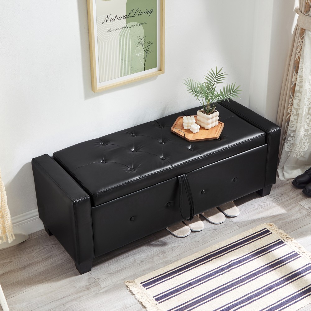 48-inch Storage Stool W Storage Function Faux Leather Quilted Upholstered Stool