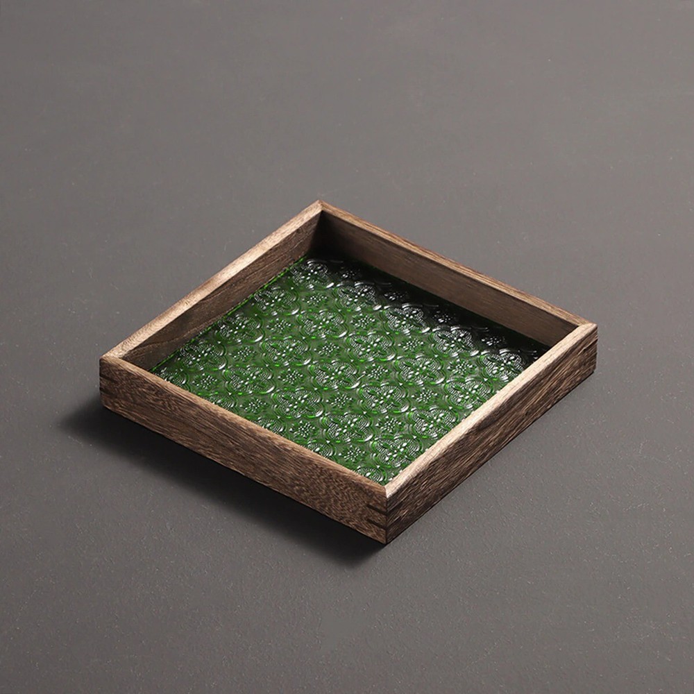 Retro Embossed Glass Tray Square/Rectangular Wooden Serving Fruit Tea Coffee Cup