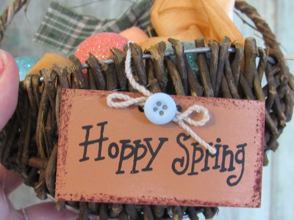 Primitive Cloth Easter Bunny in Egg Basket w Sparkly Easter Eggs HAPPY SPRING
