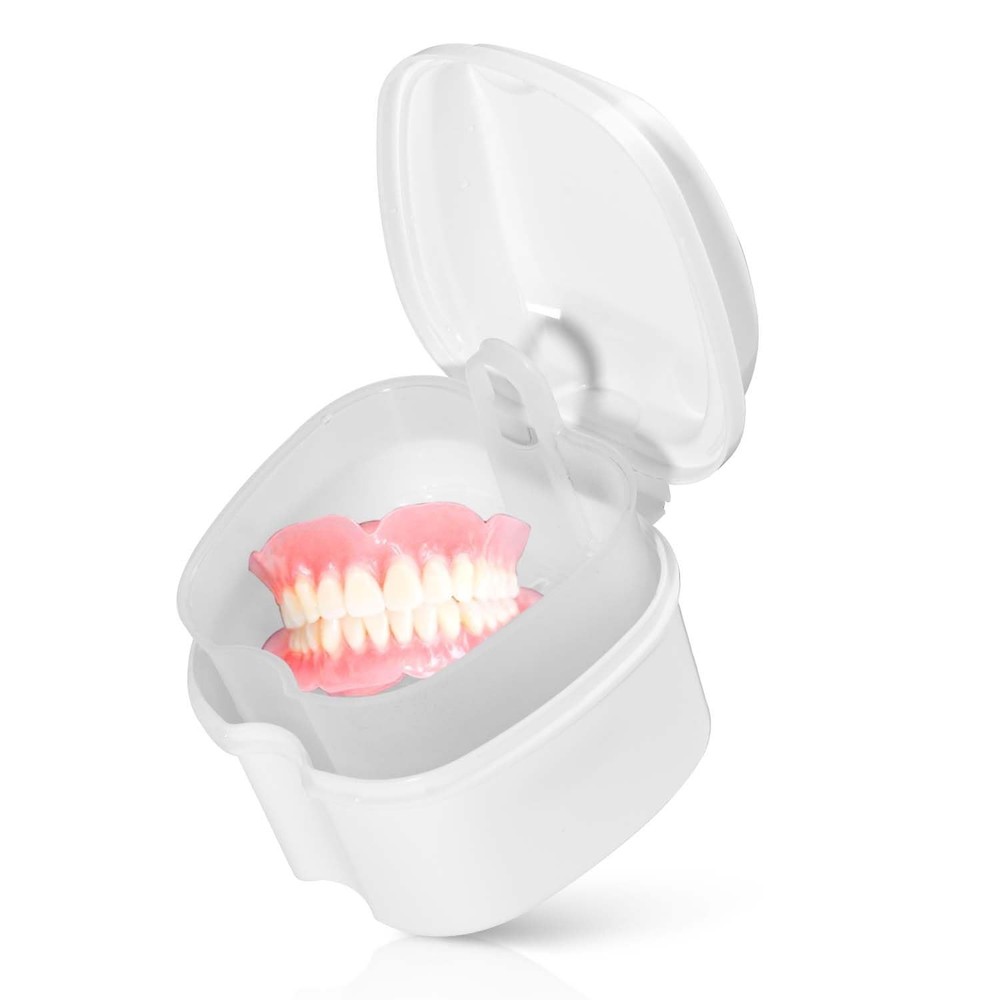 White Denture Bath Case Cup Box Holder Storage Soak Container with Strainer B...