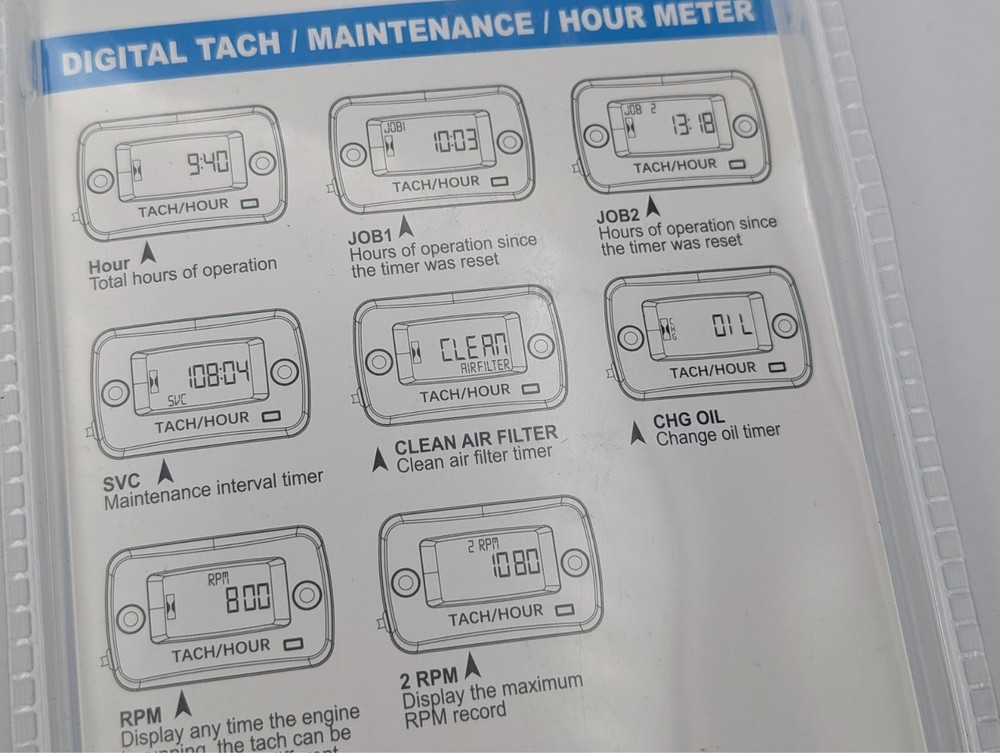 Tach Hour Meter Digital LCD Inductive Tachometer Timing Self-Powered IP68 Retail