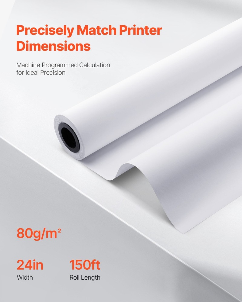 Wide Format Paper,24 inx150 ft Plotter Roll,8 Rolls CAD Bond Rolls w/2 in Core,2