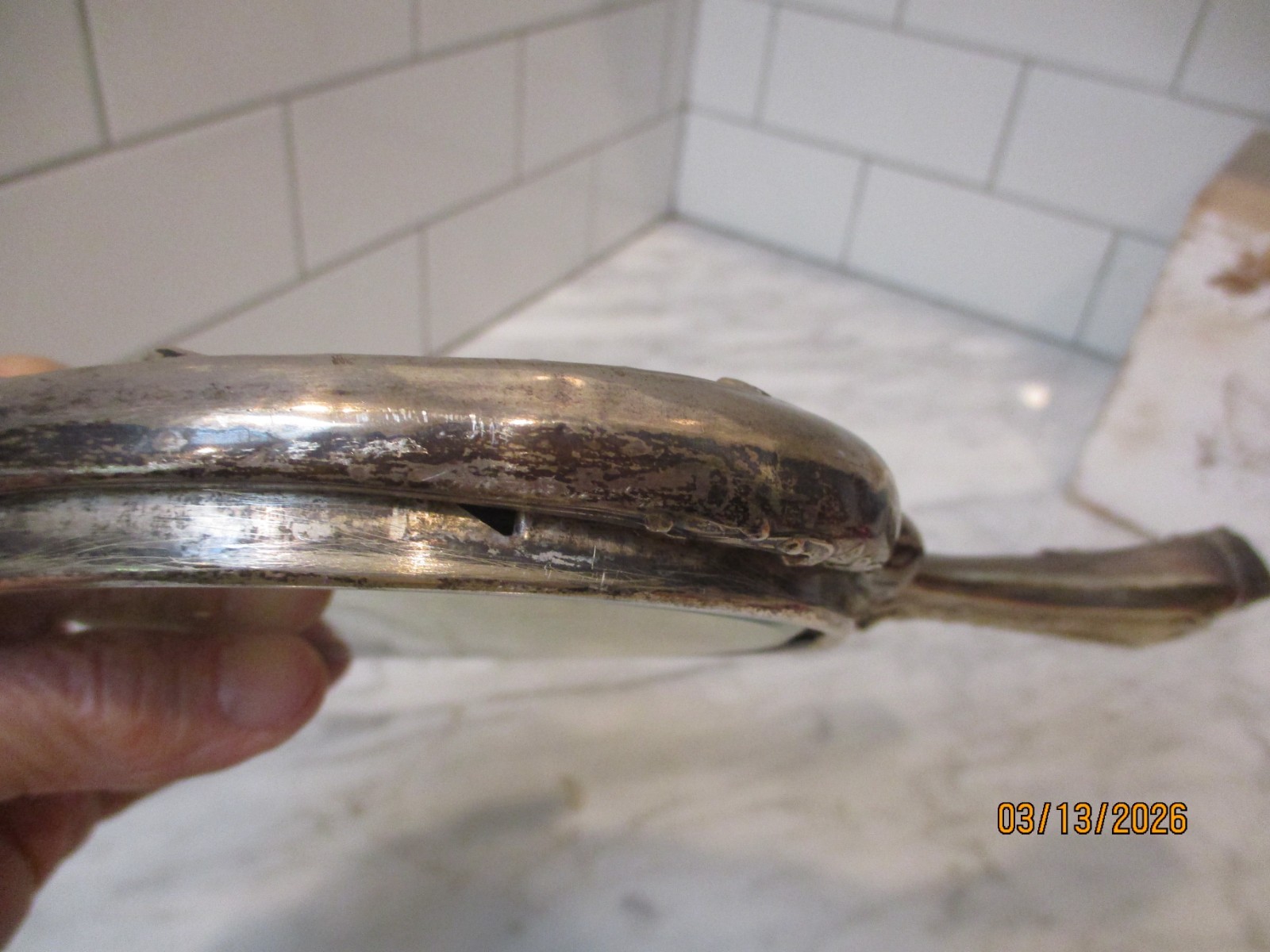 Antique Art Nouveau Sterling Silver Hand Mirror Embossed Flowers & Butterfly