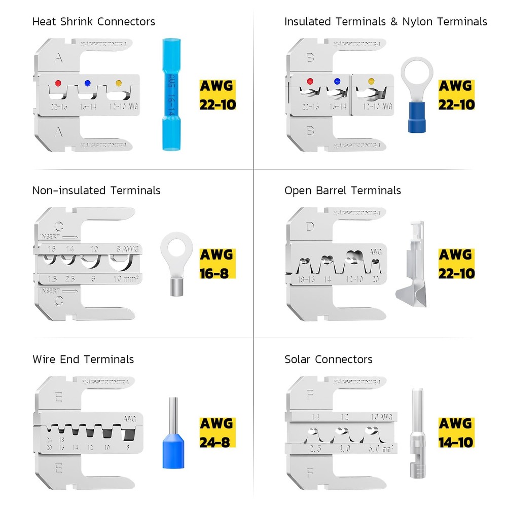 8PCS Rapid Replace Ratchet Crimping Tool Set Yellow,black,blue