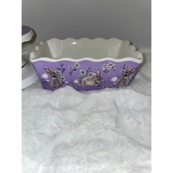 Beautiful 2 piece Easter Set Mini Cupcake Stand Riser Loaf Dish Purple Easter