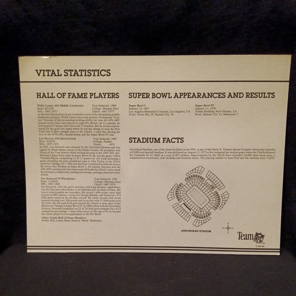 WILLABEE & WARD CHIEFS TEAM EMBLEM PATCH VITAL STATISTICS SHEET