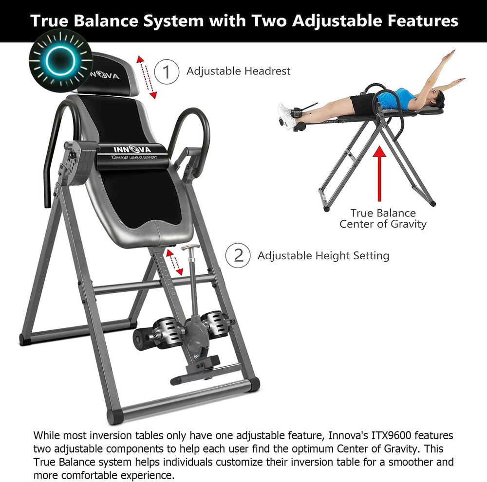 Innova Inversion Table with Adjustable Headrest Reversible Ankle Holders 300 lb