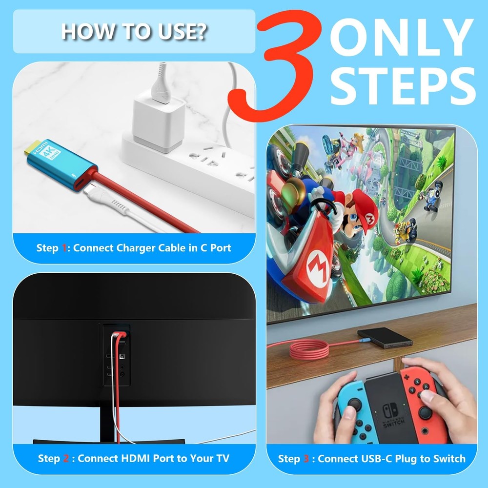 Switch Dock for Nintendo Switch & OLED, USB C to HDMI Adapter Charger Cable, 2M/