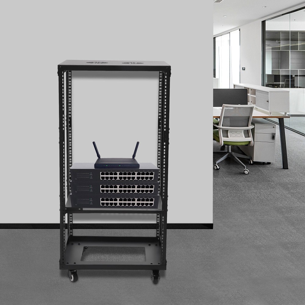 18U 4 Post Open Frame 18.5" Network Server Rack on Caters Adjustable Partition