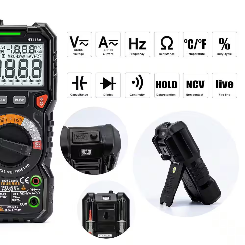 Digital Multimeter TRMS 6000 Counts Voltmeter Auto-Ranging Measures Voltage Curr