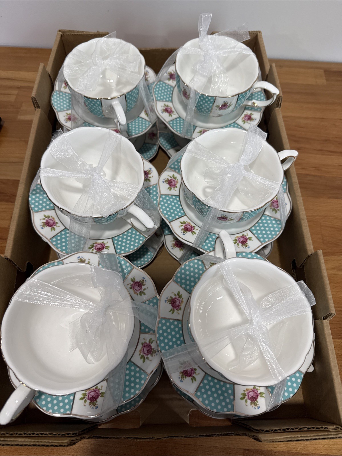 Elegance Porcelain Teal & White Teacup and Saucer With Gold & Flowers Set Of 4