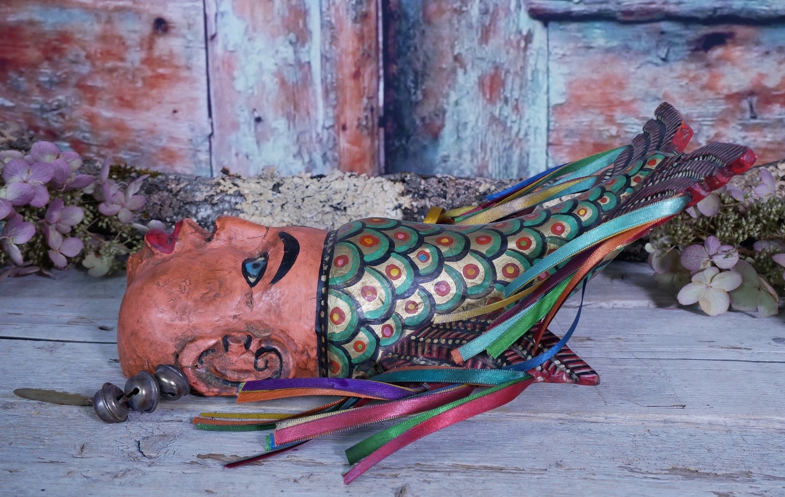 Merman Face & Fish Tail Mask Wood Hand Carved Painted Guerrero Mexican Folk Art