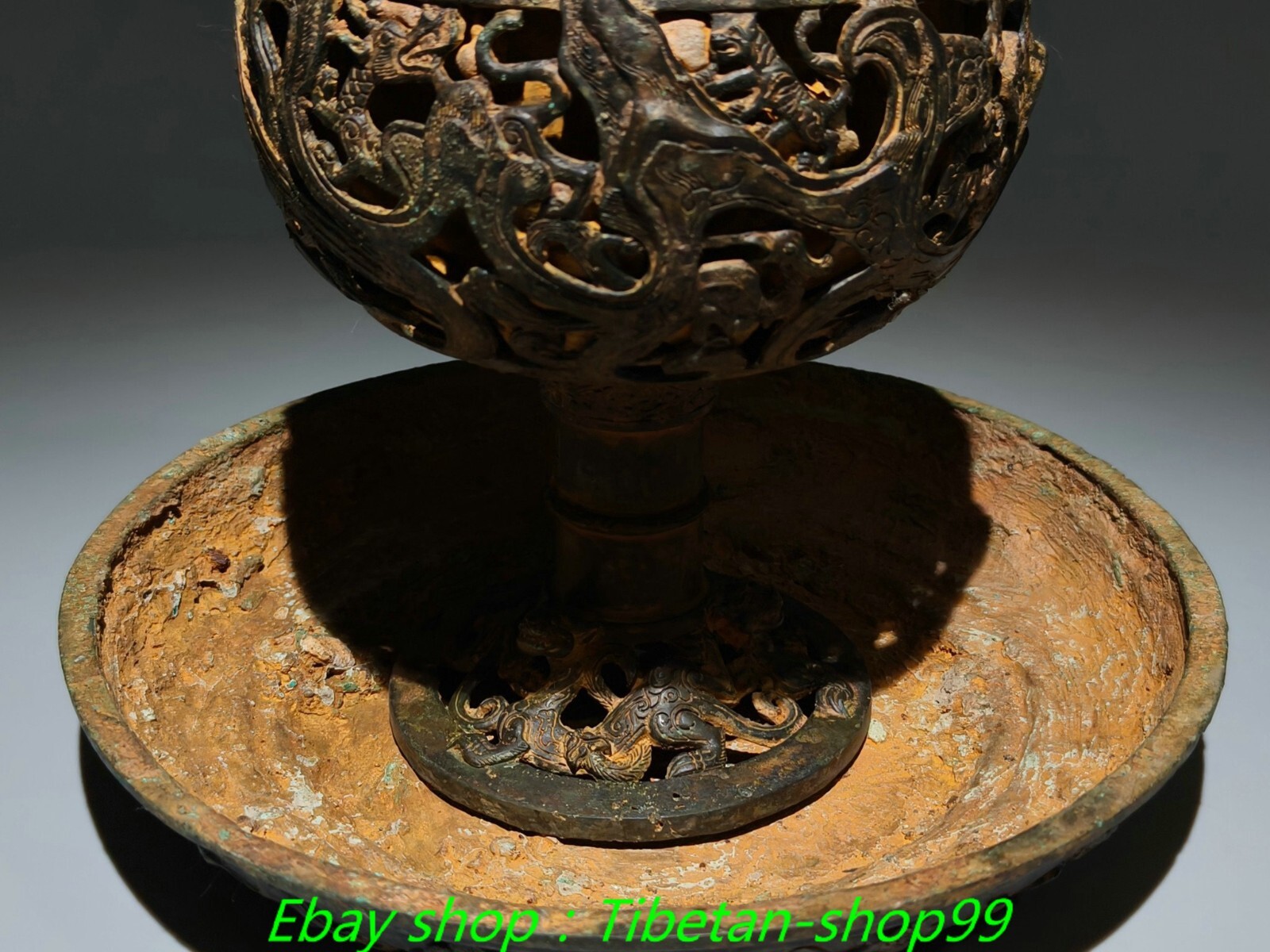 11.4"Old Dynasty Bronze Ware Dragon Hollow out Boshan Incense Burner Censer