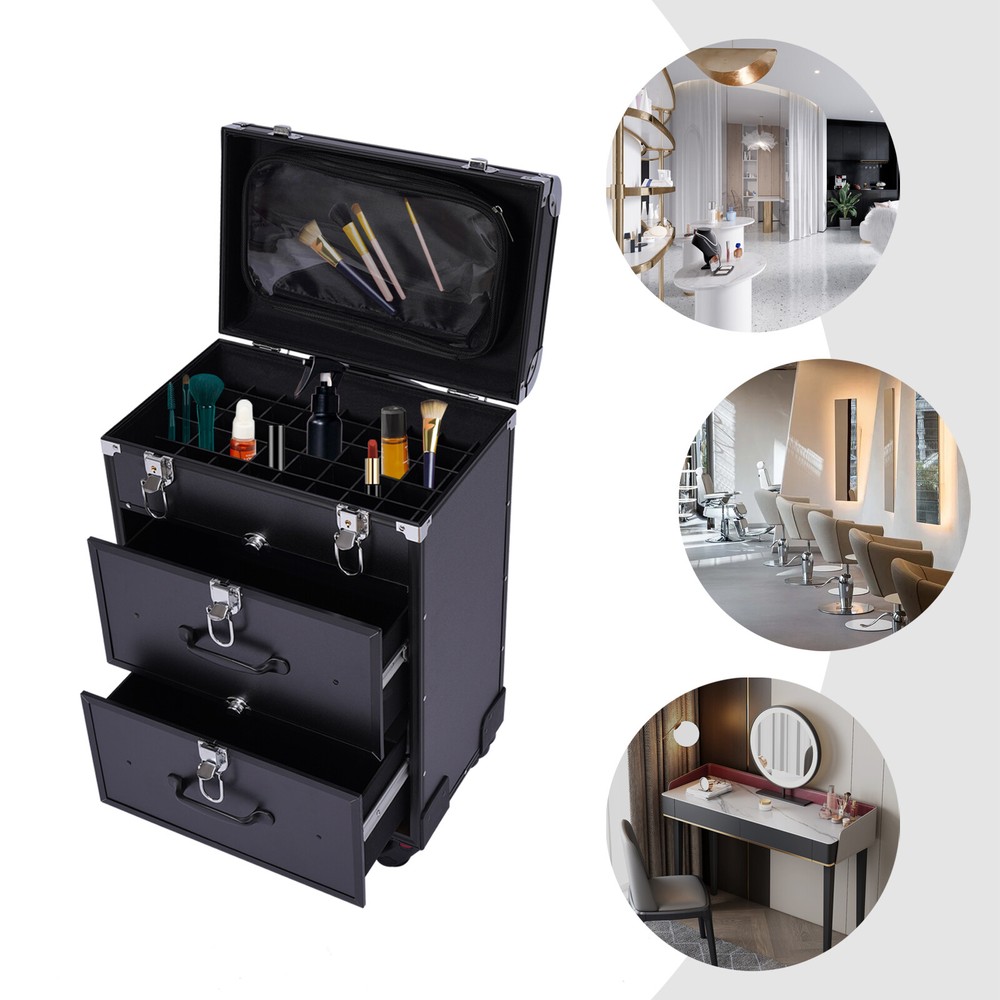 Rolling Cosmetic Storage Case Makeup Train Case Organizer Trolley Lock Black