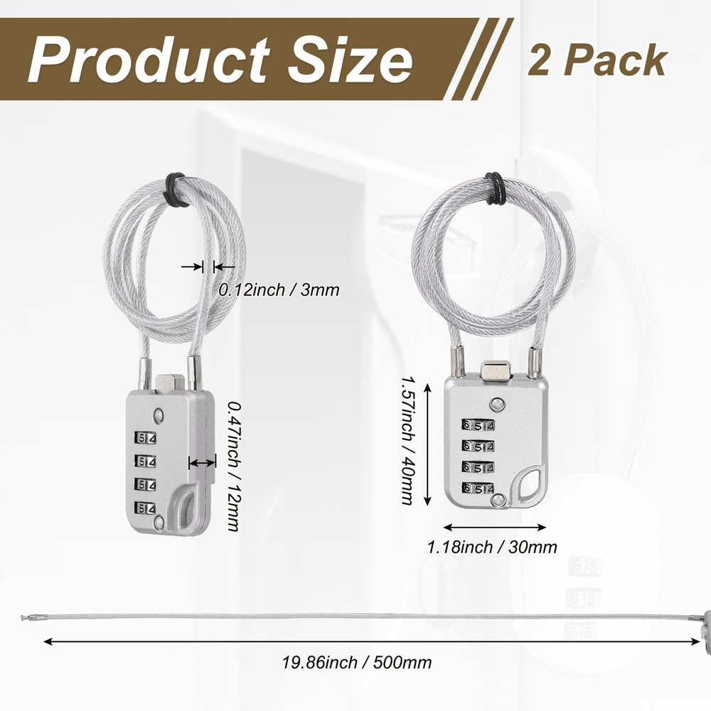 2-Pack Combination Padlock, 4 Digit 20 in Cable Luggage Lock [Silver Grey]