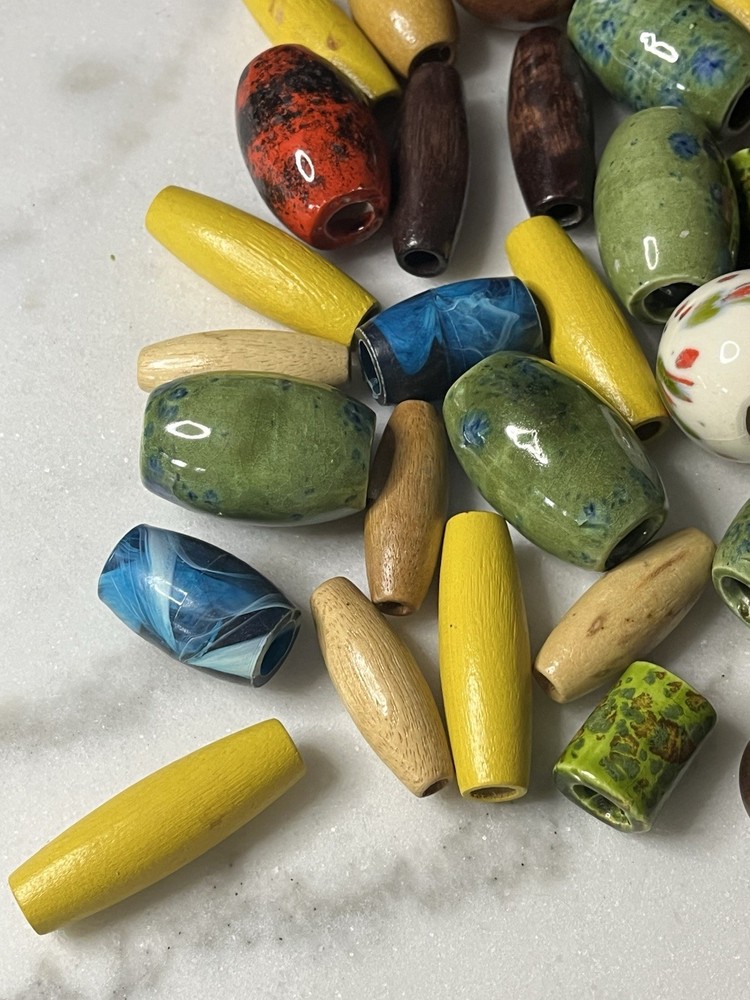 Vintage Wood Plastic & Porcelain Macrame Beads