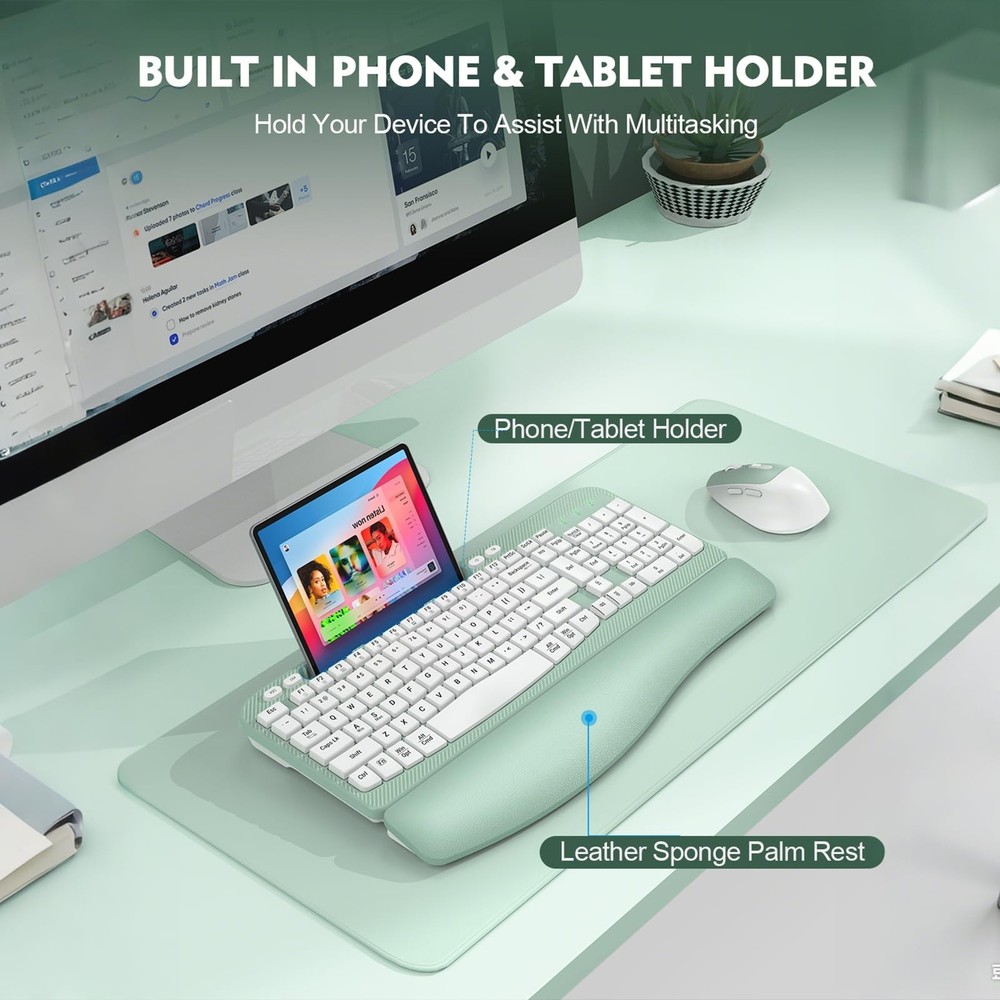 Wireless Keyboard and Mouse Combo, Wave Keys Full-Sized Ergonomic Keyboard wi...