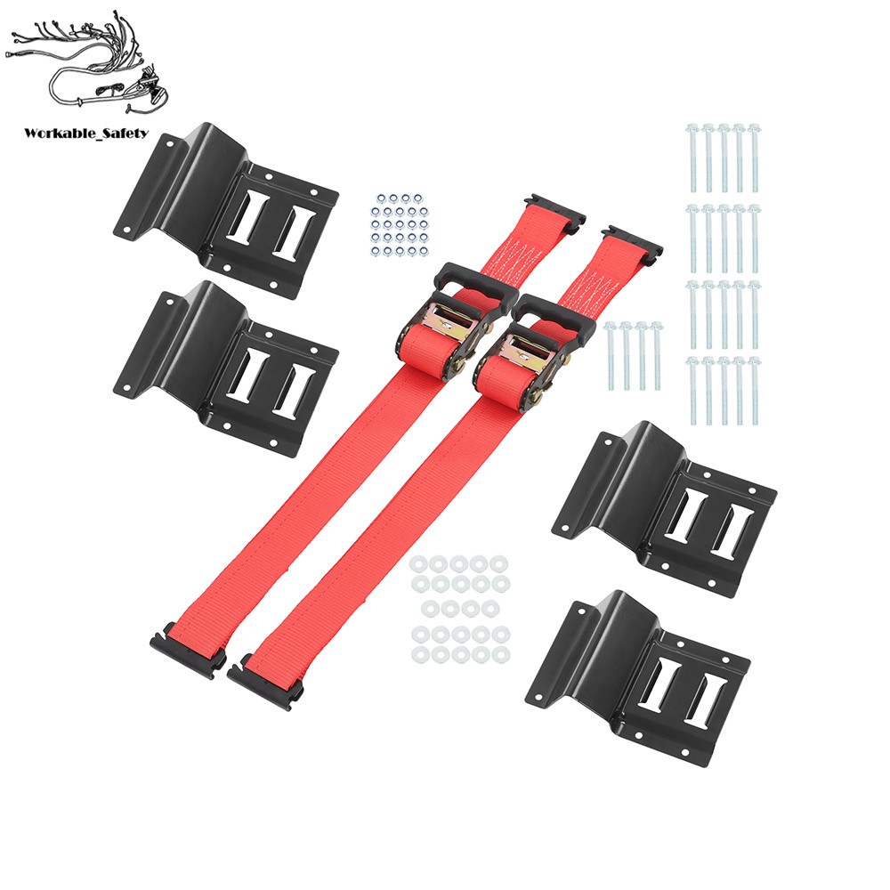Black Wheel Chock And 6ft Red Ratchet Strap Kit Fit For E Track System Polyester