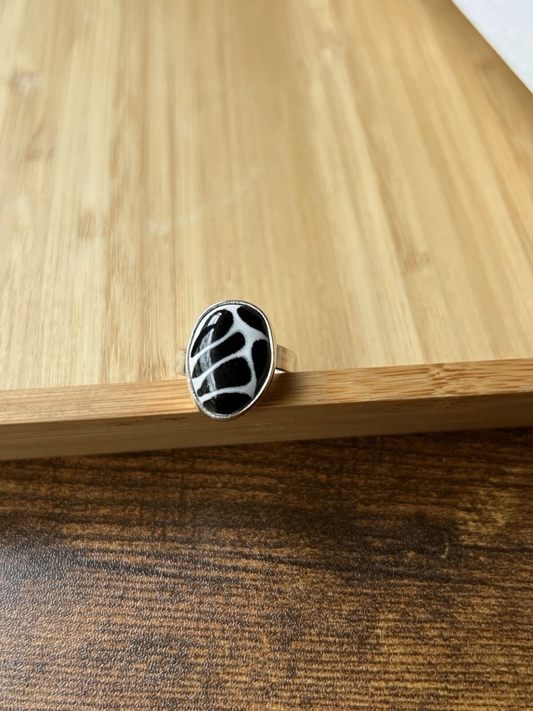 Black & White Talavera Ring 925 Sterling Silver Adjustable Artisan