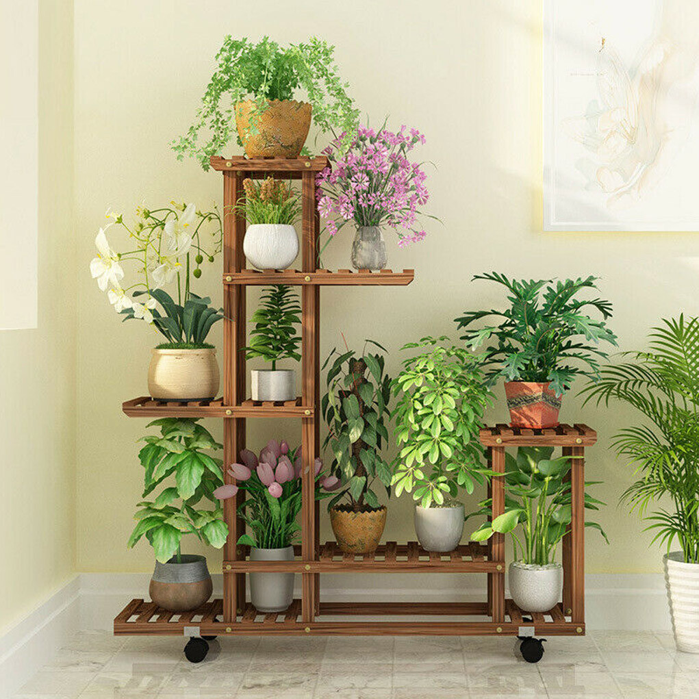 Tall Rolling Plant Stand Multi-Layer Flower Pot Holder Display Shelf Home Garden