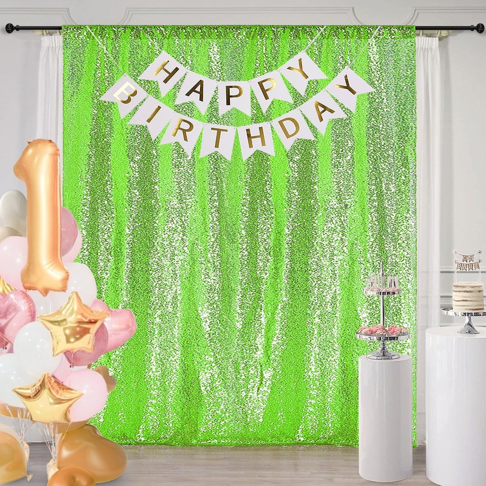 Green Sequin Backdrop Curtains 2 PCS Panels 28ft Total Width Glitter Fabric