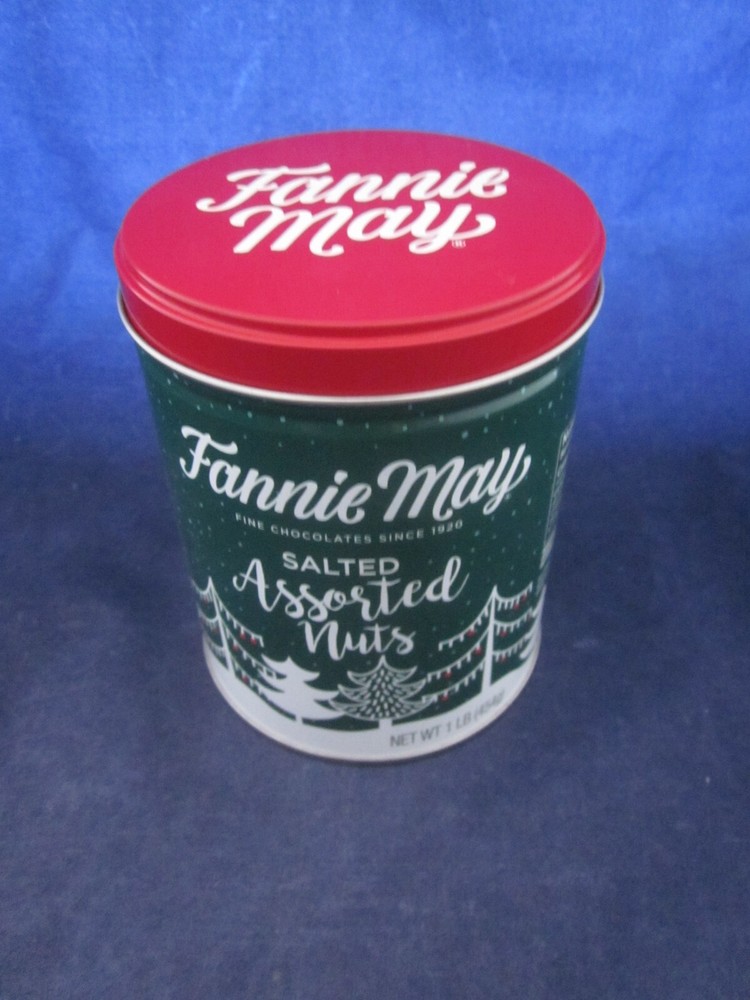 FANNIE MAY Tin Round Green with Red Lid EMPTY for Nuts EXCELLENT