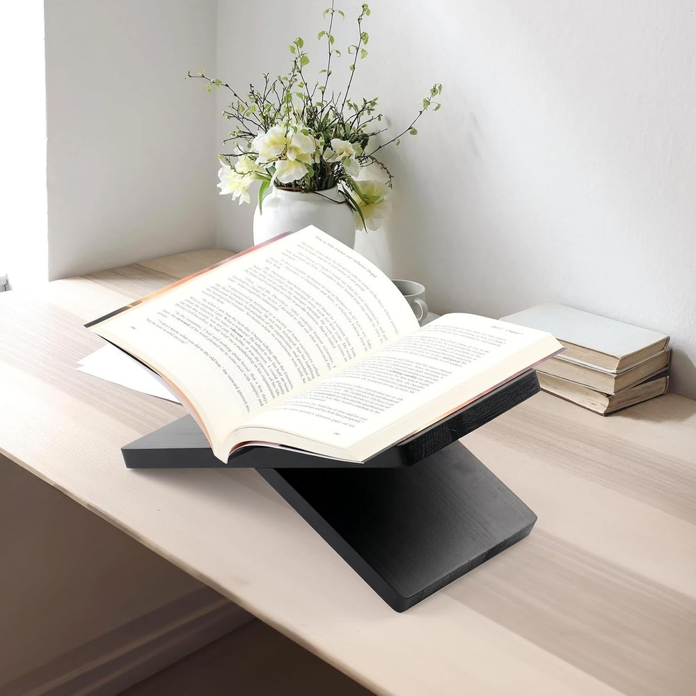Book Stand for Reading - Solid Wood Holder Open and Closed Black