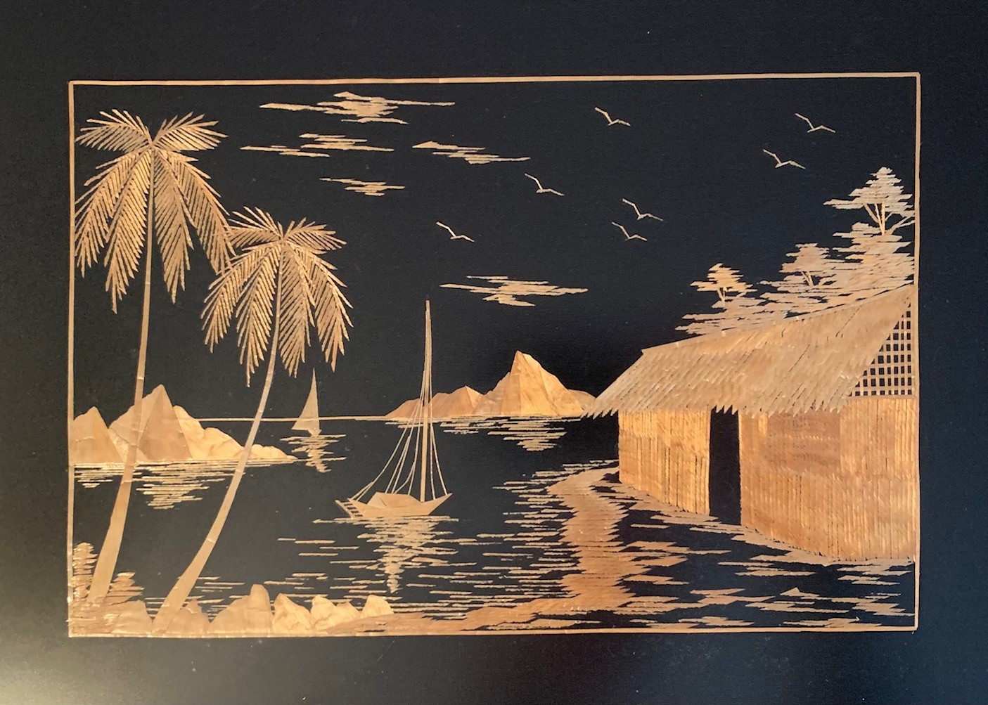 Vintage Framed Bamboo Straw Asian Pacific Folk Art 17" x 12"