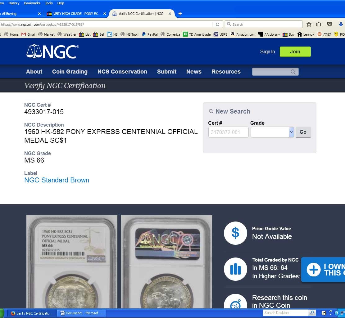 1960 HK-582 : NGC MS 66 : Gem SILVER Pony Express Centennial Off. Medal ASW 0.83