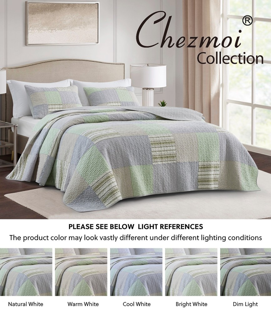 Green Boho Chic Coverlet Set Plaid Striped Pre-Washed Cotton Patchwork Quilt Set