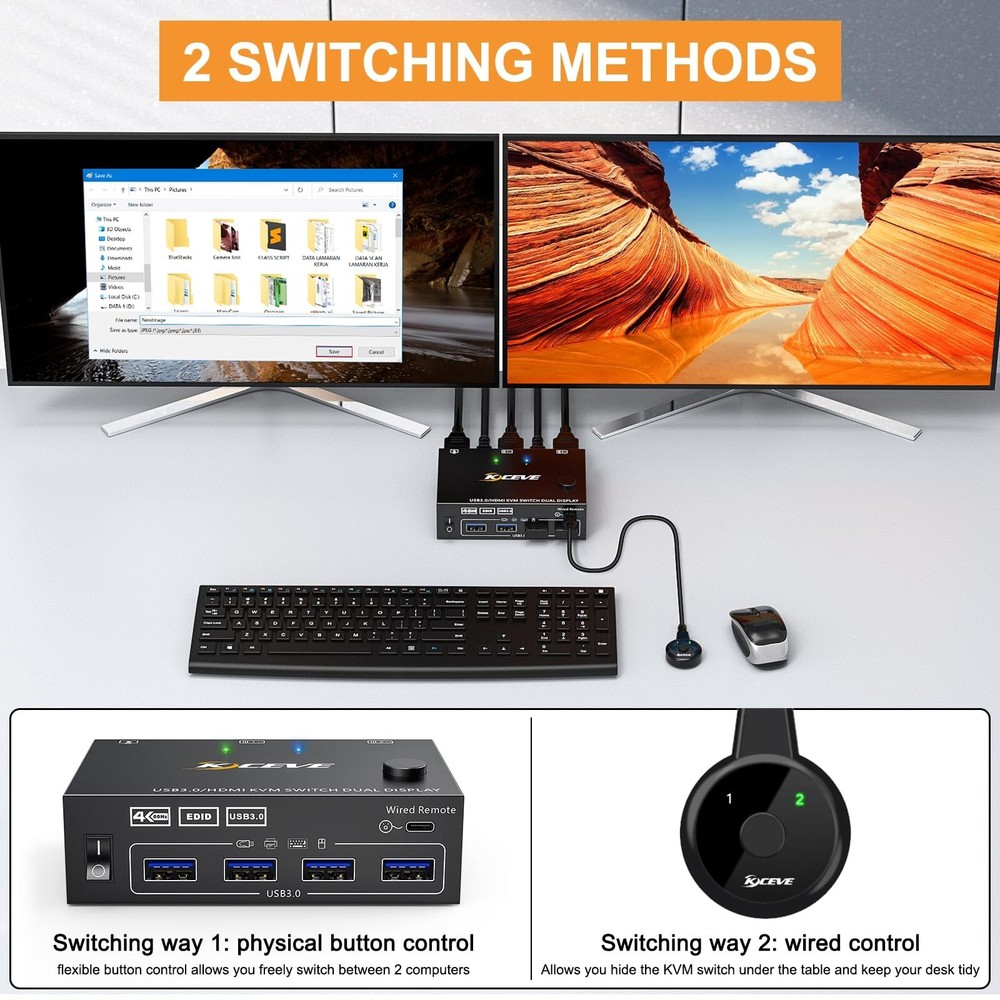 KVM Switch 2 Computer 2 Monitors HDMI USB 3.0 4K@60Hz HD Res w/ EDID Function
