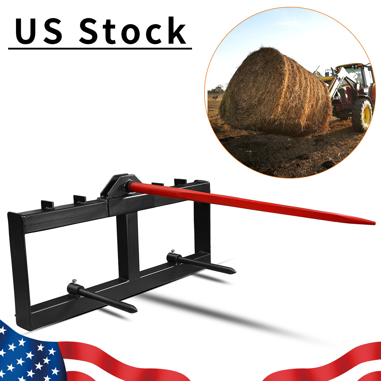3 Point 49'' Hay Bale Spear Attach Tractor Skid Steer Loader Quick Tach 2000 LBS