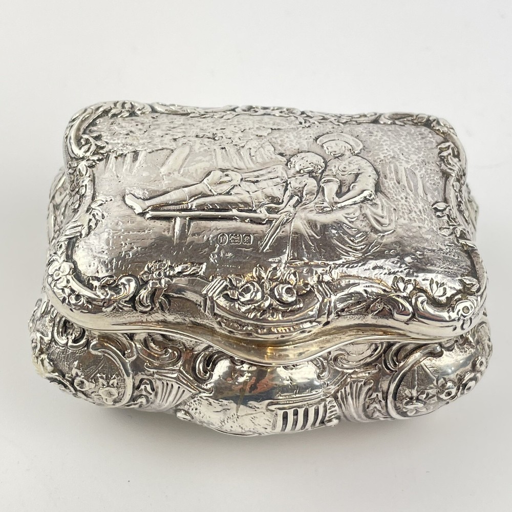 Antique Solid Silver Repousse Type Embossed Scene Trinket Box William Hutton 9cm