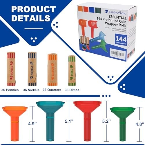 144 Pcs Assorted Coin Wrapper Rolls with Color Coded Tubes & Crimping Tool